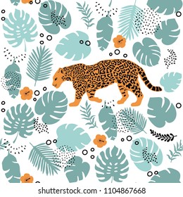 Tropical pattern - seamless pattern design with palm leaves and big wild cat - tropical plants and jaguar pattern