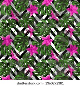 Tropical Pattern. Seamless Illustration. Summer Design for Swimwear. Exotic Palm Greenery Backdrop. Tropical Pattern with Monstera Leaves.
