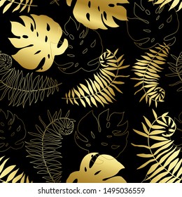 Tropical pattern, seamless palm leaves background. Gold glitter pattern with palm leaf.
