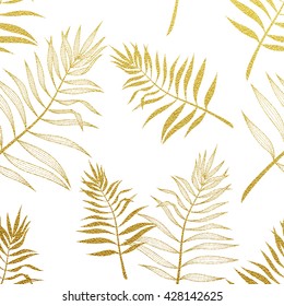 Tropical pattern, seamless palm leaves background. Gold glitter pattern with palm leaf.