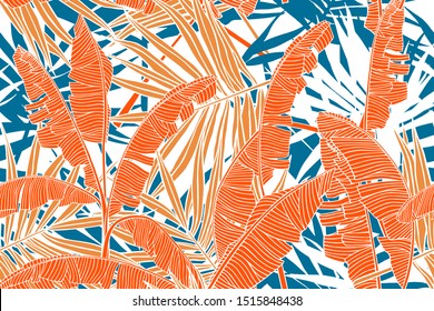 Tropical pattern. Seamless texture with banana leaves and palm tree leaf.  Banner for travel and tourism industry, summer sale. Colorful, bright floral design element, print for fabrics and textile.