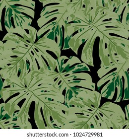 Tropical Pattern. Seamless Texture with Bright Hand Drawn Leaves of Monstera. Trendy Rapport for Paper, Textile, Wallpaper. Vector Seamless Background with Tropic Plants.