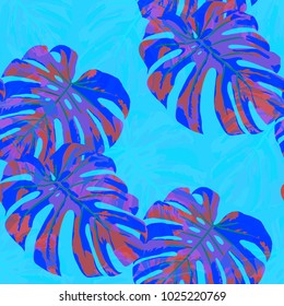 Tropical Pattern. Seamless Texture with Bright Hand Drawn Leaves of Monstera. Trendy Rapport for Paper, Cloth, Wallpaper. Vector Seamless Background with Tropic Plants.