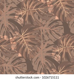 Tropical Pattern. Seamless Texture with Bright Hand Drawn Leaves of Monstera. Bright Rapport for Paper, Cloth, Fabric. Vector Seamless Background with Tropic Plants. Watercolor Effect.
