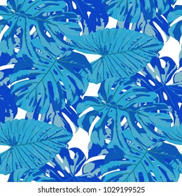 Tropical Pattern. Seamless Texture with Bright Hand Drawn Leaves of Exotic Tree. Bright Rapport for Print, Paper, Swimwear. Vector Seamless Background with Tropic Plants. Watercolor Effect.
