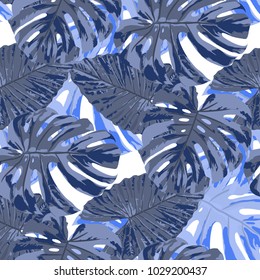 Tropical Pattern. Seamless Texture with Bright Hand Drawn Leaves of Monstera. Summer Rapport for Paper, Cloth, Fabric. Vector Seamless Background with Tropic Plants. Watercolor Effect.