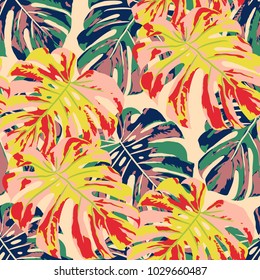 Tropical Pattern. Seamless Texture with Bright Hand Drawn Leaves of Exotic Tree. Trendy Rapport for Paper, Textile, Wallpaper. Vector Seamless Background with Tropic Plants. Watercolor Effect.