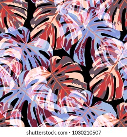 Tropical Pattern. Seamless Texture with Bright Hand Drawn Leaves of Monstera. Bright Rapport for Print, Paper, Swimwear. Vector Seamless Background with Tropic Plants. Watercolor Effect.