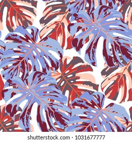 Tropical Pattern. Seamless Texture with Bright Hand Drawn Leaves of Monstera. Bright Rapport for Paper, Cloth, Wallpaper. Vector Seamless Background with Tropic Plants. Watercolor Effect.