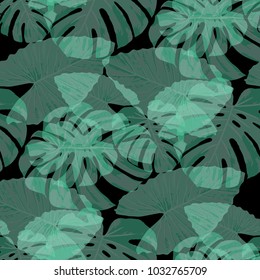 Tropical Pattern. Seamless Texture with Bright Hand Drawn Leaves of Exotic Tree. Trendy Rapport for Print, Cloth, Fabric. Vector Seamless Background with Tropic Plants. Watercolor Effect.