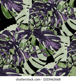 Tropical Pattern. Seamless Texture with Bright Hand Drawn Leaves of Exotic Tree. Spring Rapport for Paper, Textile, Wallpaper. Vector Seamless Background with Tropic Plants. Watercolor Effect.