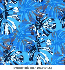 Tropical Pattern. Seamless Texture with Bright Hand Drawn Leaves of Exotic Tree. Trendy Rapport for Paper, Cloth, Fabric. Vector Seamless Background with Tropic Plants. Watercolor Effect.