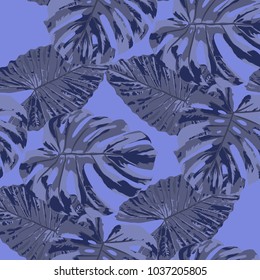 Tropical Pattern. Seamless Texture with Bright Hand Drawn Leaves of Exotic Tree. Bright Rapport for Print, Textile, Fabric. Vector Seamless Background with Tropic Plants. Watercolor Effect.