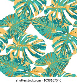 Tropical Pattern. Seamless Texture with Bright Hand Drawn Leaves of Monstera. Spring Rapport for Print, Textile, Swimwear. Vector Seamless Background with Tropic Plants. Watercolor Effect.