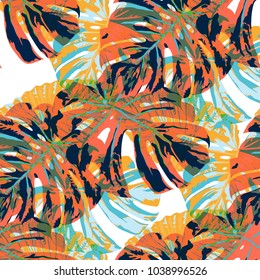 Tropical Pattern. Seamless Texture with Bright Hand Drawn Leaves of Exotic Tree. Spring Rapport for Print, Textile, Fabric. Vector Seamless Background with Tropic Plants. Watercolor Effect.