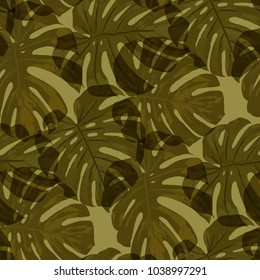 Tropical Pattern. Seamless Texture with Bright Hand Drawn Leaves of Exotic Tree. Bright Rapport for Print, Textile, Swimwear. Vector Seamless Background with Tropic Plants. Watercolor Effect.