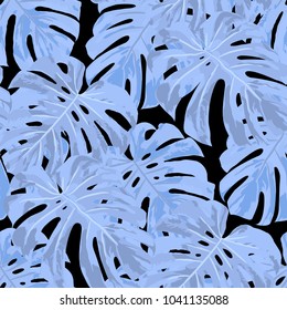 Tropical Pattern. Seamless Texture with Bright Hand Drawn Leaves of Monstera. Trendy Rapport for Paper, Textile, Wallpaper. Vector Seamless Background with Tropic Plants. Watercolor Effect.