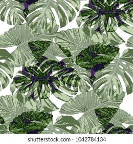 Tropical Pattern. Seamless Texture with Bright Hand Drawn Leaves of Exotic Tree. Spring Rapport for Print, Cloth, Fabric. Vector Seamless Background with Tropic Plants. Watercolor Effect.