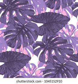 Tropical Pattern. Seamless Texture with Bright Hand Drawn Leaves of Monstera. Trendy Rapport for Calico, Textile, Swimwear. Vector Seamless Background with Tropic Plants. Watercolor Effect.