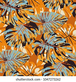 Tropical Pattern. Seamless Texture with Bright Hand Drawn Leaves of Exotic Tree. Summer Rapport for Print, Paper, Swimwear. Vector Seamless Background with Tropic Plants. Watercolor Effect.