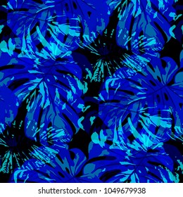 Tropical Pattern. Seamless Texture with Bright Hand Drawn Leaves of Monstera. Bright Rapport for Print, Paper, Swimwear. Vector Seamless Background with Tropic Plants. Watercolor Effect.