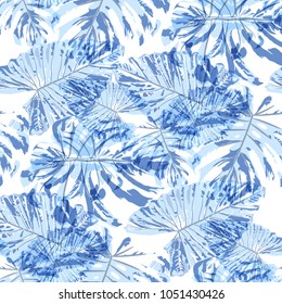 Tropical Pattern. Seamless Texture with Bright Hand Drawn Leaves of Exotic Tree. Spring Rapport for Print, Textile, Fabric. Vector Seamless Background with Tropic Plants. Watercolor Effect.