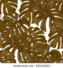 Tropical Pattern. Seamless Texture with Bright Hand Drawn Leaves of Exotic Tree. Bright Rapport for Print, Paper, Swimwear. Vector Seamless Background with Tropic Plants. Watercolor Effect.