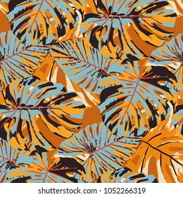 Tropical Pattern. Seamless Texture with Bright Hand Drawn Leaves of Exotic Tree. Trendy Rapport for Paper, Cloth, Fabric. Vector Seamless Background with Tropic Plants. Watercolor Effect.