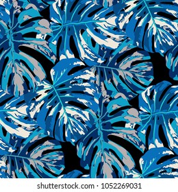 Tropical Pattern. Seamless Texture with Bright Hand Drawn Leaves of Monstera. Trendy Rapport for Paper, Cloth, Fabric. Vector Seamless Background with Tropic Plants. Watercolor Effect.