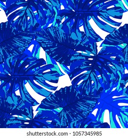 Tropical Pattern. Seamless Texture with Bright Hand Drawn Leaves of Monstera. Trendy Rapport for Paper, Textile, Wallpaper. Vector Seamless Background with Tropic Plants. Watercolor Effect.