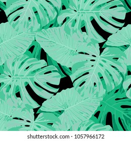Tropical Pattern. Seamless Texture with Bright Hand Drawn Leaves of Exotic Tree. Trendy Rapport for Paper, Cloth, Fabric. Vector Seamless Background with Tropic Plants. Watercolor Effect.