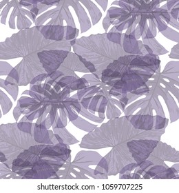 Tropical Pattern. Seamless Texture with Bright Hand Drawn Leaves of Exotic Tree. Spring Rapport for Calico, Textile, Wallpaper. Vector Seamless Background with Tropic Plants. Watercolor Effect.