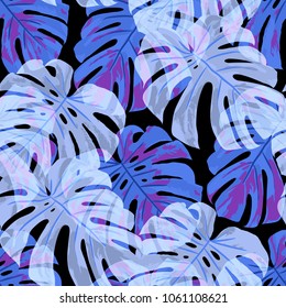 Tropical Pattern. Seamless Texture with Bright Hand Drawn Leaves of Exotic Tree. Spring Rapport for Paper, Textile, Wallpaper. Vector Seamless Background with Tropic Plants. Watercolor Effect.