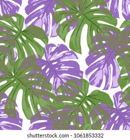 Tropical Pattern. Seamless Texture with Bright Hand Drawn Leaves of Monstera. Trendy Rapport for Calico, Textile, Wallpaper. Vector Seamless Background with Tropic Plants. Watercolor Effect.