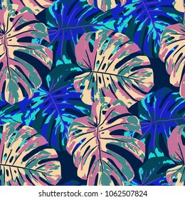 Tropical Pattern. Seamless Texture with Bright Hand Drawn Leaves of Monstera. Summer Rapport for Paper, Cloth, Wallpaper. Vector Seamless Background with Tropic Plants. Watercolor Effect.