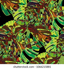 Tropical Pattern. Seamless Texture with Bright Hand Drawn Leaves of Monstera. Bright Rapport for Print, Paper, Swimwear. Vector Seamless Background with Tropic Plants. Watercolor Effect.