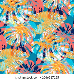 Tropical Pattern. Seamless Texture with Bright Hand Drawn Leaves of Exotic Tree. Spring Rapport for Paper, Cloth, Fabric. Vector Seamless Background with Tropic Plants. Watercolor Effect.
