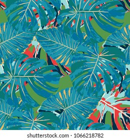 Tropical Pattern. Seamless Texture with Bright Hand Drawn Leaves of Exotic Tree. Spring Rapport for Print, Paper, Swimwear. Vector Seamless Background with Tropic Plants. Watercolor Effect.