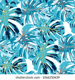 Tropical Pattern. Seamless Texture with Bright Hand Drawn Leaves of Monstera. Spring Rapport for Calico, Textile, Wallpaper. Vector Seamless Background with Tropic Plants. Watercolor Effect.