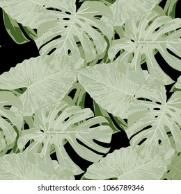 Tropical Pattern. Seamless Texture with Bright Hand Drawn Leaves of Monstera. Trendy Rapport for Print, Paper, Swimwear. Vector Seamless Background with Tropic Plants. Watercolor Effect.