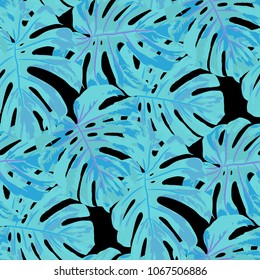 Tropical Pattern. Seamless Texture with Bright Hand Drawn Leaves of Monstera. Summer Rapport for Calico, Textile, Wallpaper. Vector Seamless Background with Tropic Plants. Watercolor Effect.