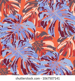 Tropical Pattern. Seamless Texture with Bright Hand Drawn Leaves of Exotic Tree. Spring Rapport for Print, Textile, Fabric. Vector Seamless Background with Tropic Plants. Watercolor Effect.