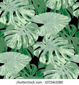 Tropical Pattern. Seamless Texture with Bright Hand Drawn Leaves of Exotic Tree. Bright Rapport for Print, Textile, Fabric. Vector Seamless Background with Tropic Plants. Watercolor Effect.