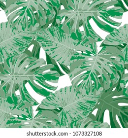 Tropical Pattern. Seamless Texture with Bright Hand Drawn Leaves of Monstera. Bright Rapport for Calico, Textile, Wallpaper. Vector Seamless Background with Tropic Plants. Watercolor Effect.