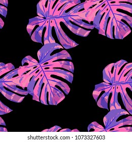 Tropical Pattern. Seamless Texture with Bright Hand Drawn Leaves of Monstera. Bright Rapport for Print, Textile, Swimwear. Vector Seamless Background with Tropic Plants. Watercolor Effect.