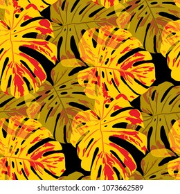Tropical Pattern. Seamless Texture with Bright Hand Drawn Leaves of Monstera. Bright Rapport for Print, Textile, Fabric. Vector Seamless Background with Tropic Plants. Watercolor Effect.