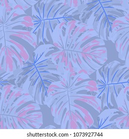 Tropical Pattern. Seamless Texture with Bright Hand Drawn Leaves of Monstera. Summer Rapport for Print, Paper, Swimwear. Vector Seamless Background with Tropic Plants. Watercolor Effect.
