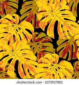 Tropical Pattern. Seamless Texture with Bright Hand Drawn Leaves of Exotic Tree. Spring Rapport for Paper, Textile, Wallpaper. Vector Seamless Background with Tropic Plants. Watercolor Effect.