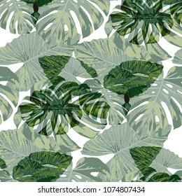 Tropical Pattern. Seamless Texture with Bright Hand Drawn Leaves of Monstera. Summer Rapport for Paper, Cloth, Wallpaper. Vector Seamless Background with Tropic Plants. Watercolor Effect.