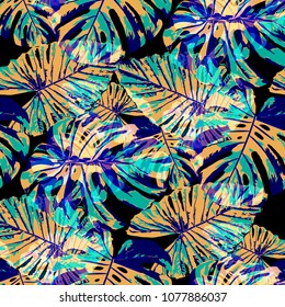Tropical Pattern. Seamless Texture with Bright Hand Drawn Leaves of Exotic Tree. Trendy Rapport for Print, Cloth, Fabric. Vector Seamless Background with Tropic Plants. Watercolor Effect.